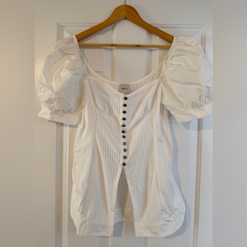 Maeve White Puff Sleeve Button-Front Blouse